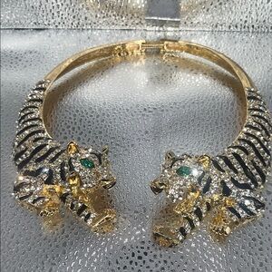 Natasha Couture Gold and Silver Tiger Necklace with Green Accents